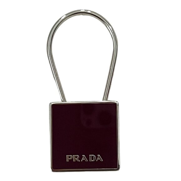 PRADA: Silver Metal & Burgundy Enamel Logo Bag Charm/Keychain #12029 - Picture 2 of 6